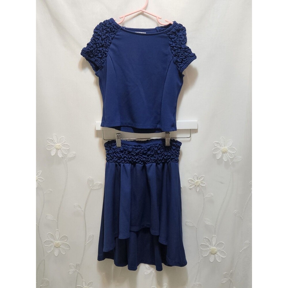 Habitual Girls Size 10 Navy Blue Two Piece Outfit Skirt Popcorn Smocked High-Low